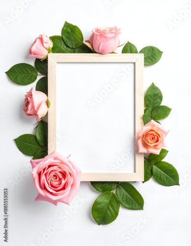 A wooden frame surrounded by pink roses and green leaves, creating a vibrant floral composition
