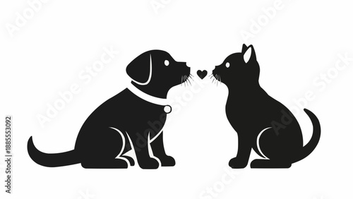 Silhouette of a puppy and kitten sharing a heart.