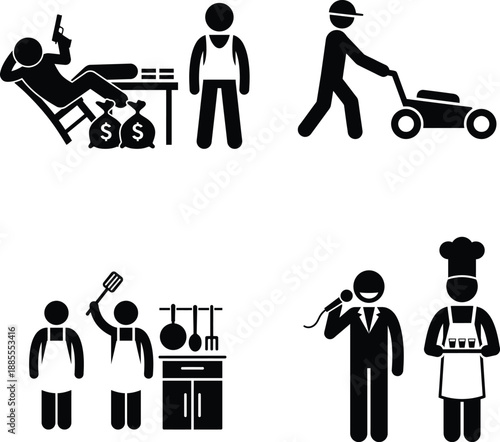 A collection of stick figures representing various human professions and activities