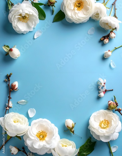 A serene layout of white flowers and buds arranged on a blue background, creating a peaceful floral frame