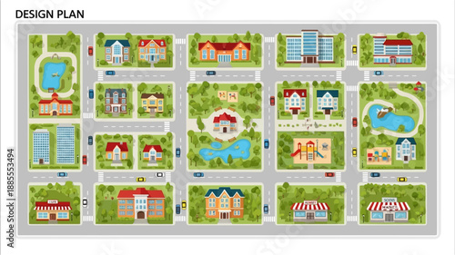 An aerial view of a colorful planned urban neighborhood with various buildings