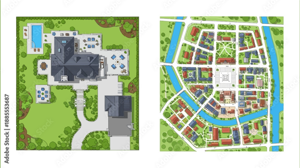 Fototapeta premium aerial view of a large house and a neighborhood plan
