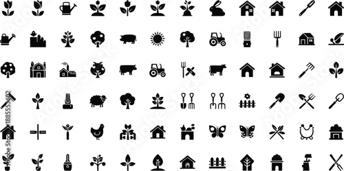 Large set of black farming and gardening icons including plants tools animals houses and agriculture symbols isolated on white background for infographic app and vector design