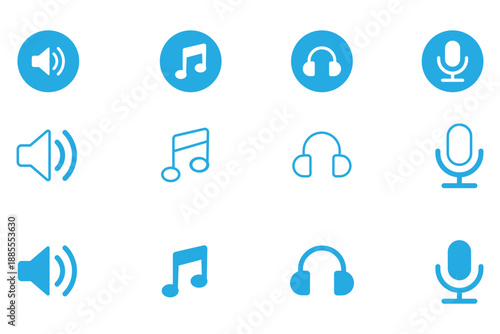Microphone or mic button icon set. Contains headphone, mute, broadcast, podcast, broadcasting, audio vocal sound, voice, music karaoke, musical studio, loudspeaker. Vector illustration