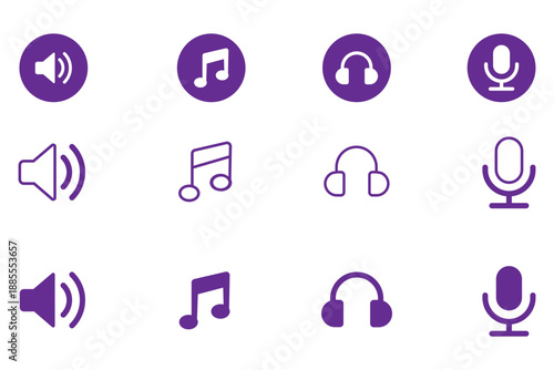 Microphone or mic button icon set. Contains headphone, mute, broadcast, podcast, broadcasting, audio vocal sound, voice, music karaoke, musical studio, loudspeaker. Vector illustration
