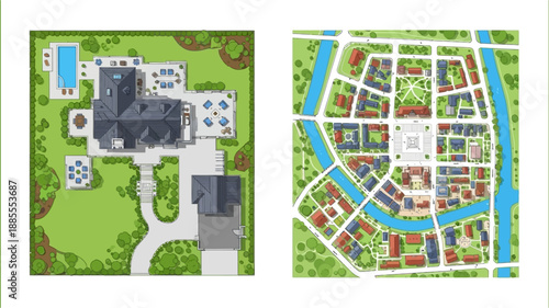 aerial view of a large house and a neighborhood plan