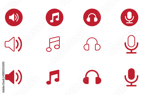 Microphone or mic button icon set. Contains headphone, mute, broadcast, podcast, broadcasting, audio vocal sound, voice, music karaoke, musical studio, loudspeaker. Vector illustration