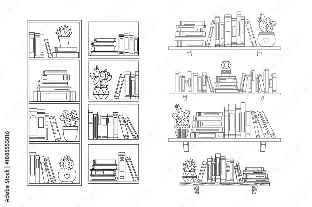Naklejka premium Book shelves with plants line illustration collection isolated on white