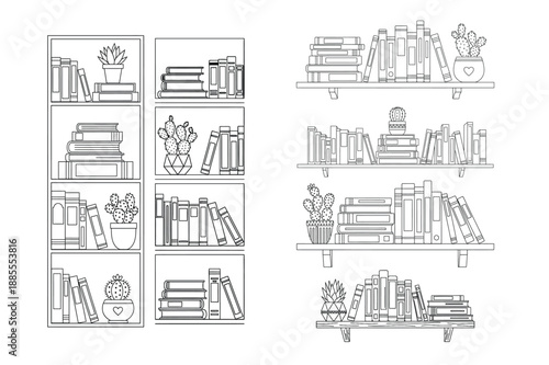 Book shelves with plants line illustration collection isolated on white