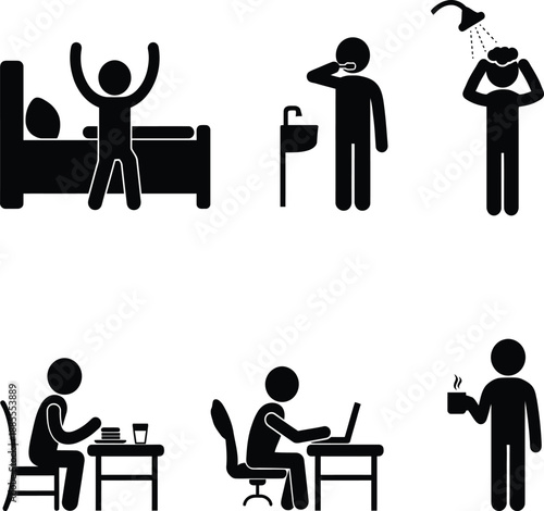 Daily routine icons: waking up, brushing teeth, showering, eating, working, and drinking coffee