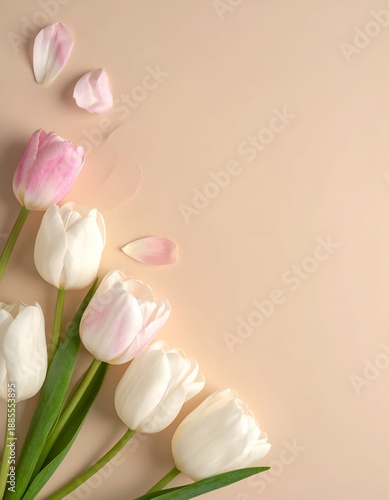 A serene arrangement of white tulips with a hint of pink on a gentle beige backdrop, featuring fallen petals