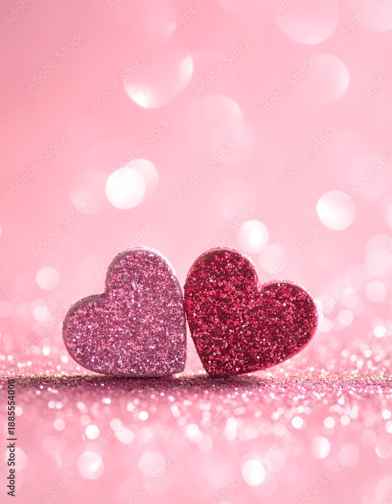 Obraz premium Two sparkling hearts in pink shimmer, symbolizing love against a soft, bokeh background of glimmering light