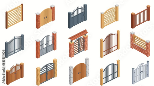 Isometric collection of various wooden and metal garden gates with brick pillars