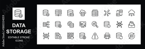 Data storage icon set. Including cloud computing, encrypted data, hosting, cloud storage, server racks, and monitoring. Perfect for IT dashboards, apps, websites, and cybersecurity platforms.