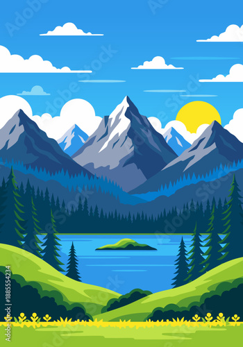 Serene Mountain Lake Landscape Vector Illustration with Pine Trees and Rolling Hills