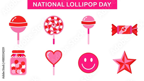 Bright pink and red lollipop and candy graphics under a banner