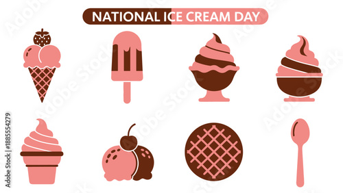 Brown and pink graphic icons for National Ice Cream Day display various frozen desserts and a spoon