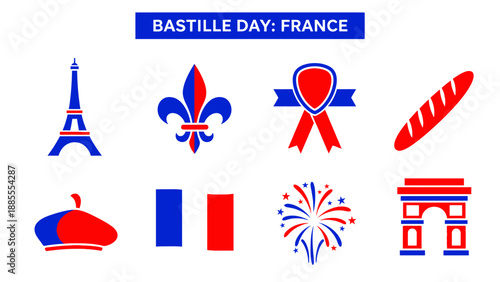 Eight blue and red icons related to Bastille Day and France