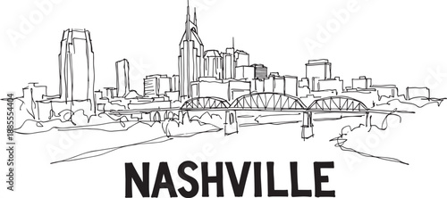 Nashville city skyline line art drawing featuring bridge and riverfront with loose brush style