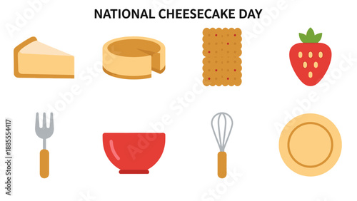 Flat icon set for National Cheesecake Day featuring dessert and baking tools