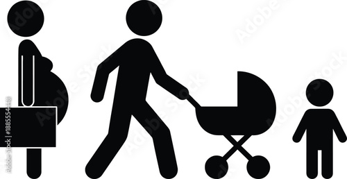 A silhouette illustration depicting a growing family with a pregnant woman and father pushing a stroller