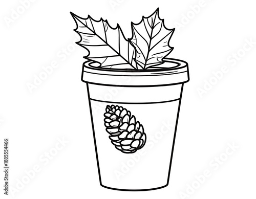 Black-and-white drawing of a cup with pinecone, leaves protruding, simple linework for design or coloring project