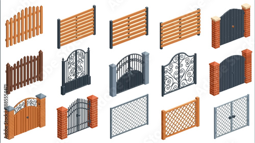 Isometric collection of various garden fences and decorative gates in different styles