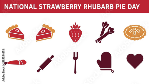 Graphic celebrating National Strawberry Rhubarb Pie Day with icons of pie fruit and baking tools