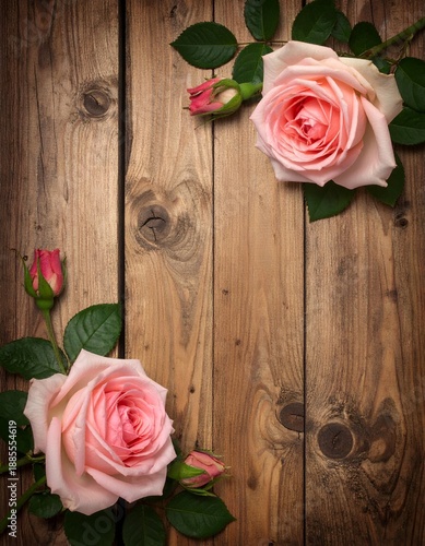 Elegant pink roses arranged on a rustic wooden surface with delicate green leaves and budding roses