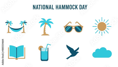 Graphic icons related to National Hammock Day featuring tropical elements