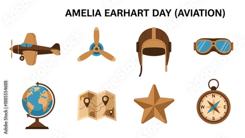 Graphic icons related to Amelia Earhart Day and aviation including an airplane propeller helmet goggles globe map star and compass