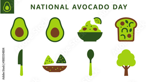 National Avocado Day text above eight green and brown avocadothemed icons arranged in two rows