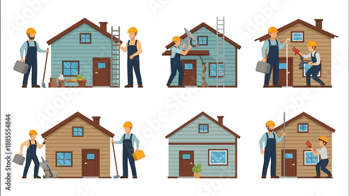a set of illustrations showing a man working on houses
