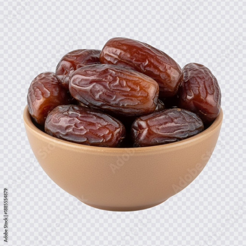 A small, tan bowl overflowing with several glossy, rich brown dates, showcasing their natural wrinkles and texture, presented on a transparent background, perfect for food or health themes.
