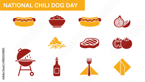 Red and yellow icons related to chili dogs and grilling displayed on a white background