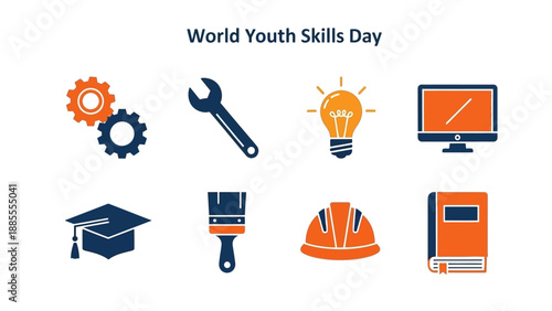 World Youth Skills Day graphic with eight icons representing different skills