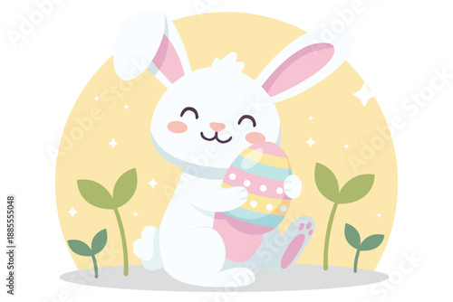 Cute Easter Bunny Illustration Happily Holding a Colorful Striped Egg Amidst Sparkles