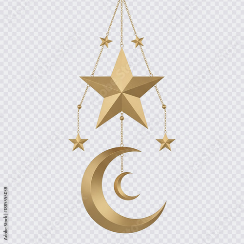 A golden, 3D hanging decoration featuring a large star and two crescent moons suspended by delicate chains, symbolizing Ramadan, Eid al-Fitr, or Islamic festivals.