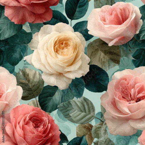 Wallpaper Mural Vibrant vintage roses with lush green leaves on a textured background. Torontodigital.ca