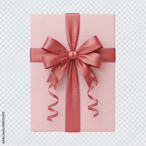 A matte pale pink rectangular gift box wrapped neatly with a glossy, elegant dusty rose satin ribbon and bow, presented on a transparent background, perfect for luxurious gifting or design mockups.