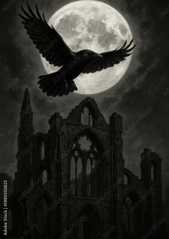 Obraz premium Gothic moonlit raven flight