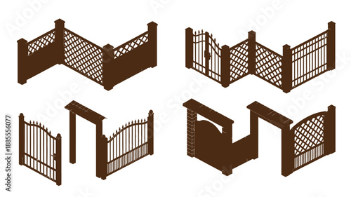 Isometric illustration of various brown wooden gate designs and architectural elements
