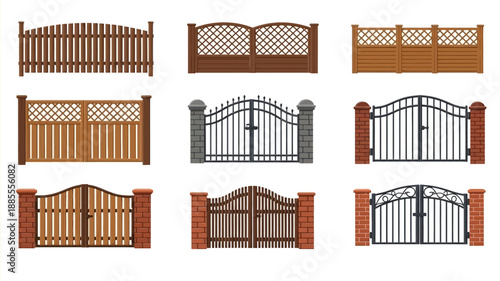 A collection of various garden gates and fence designs illustrated as vector graphics