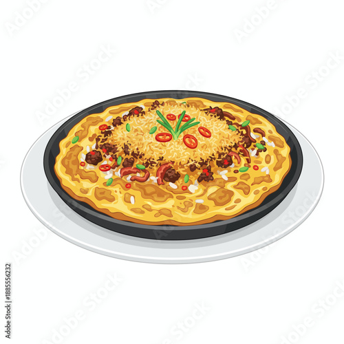 Illustration of Sizzling Sisig served in a black castiron plate on a white underplate