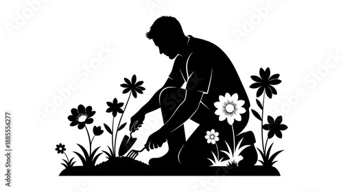 A gardener tending to flowers in a silhouette style illustration