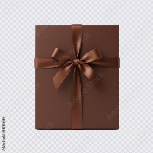 A sleek, square, matte brown gift box wrapped neatly with a glossy brown satin ribbon and a bow, presented against a transparent background, ideal for luxurious gifting or design mockups.