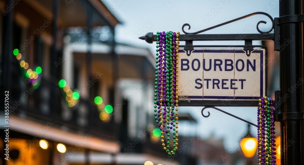 Fototapeta premium Iconic Bourbon Street sign adorned with vibrant Mardi Gras beads in New Orleans, capturing the festive celebration concept with glowing bokeh lights