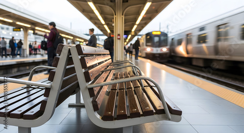 Empty wooden bench on a train station platform as a commuter tra