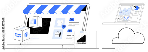 Online shopping, e-commerce platforms, analytics, cloud computing, digital marketing, business growth. Digital storefront with packaging, analytics on screen cloud graphic. E-commerce platforms