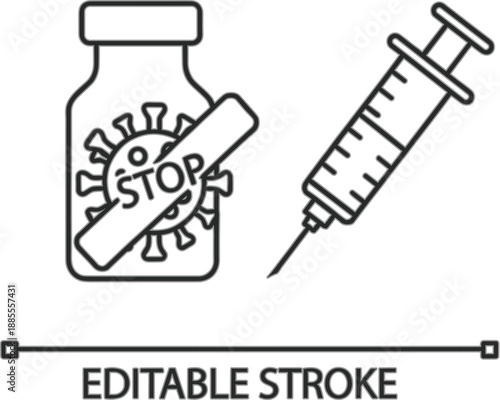 Editable stroke vaccine and syringe outline icon set with stop virus symbol, medical vaccination concept line vector illustration isolated